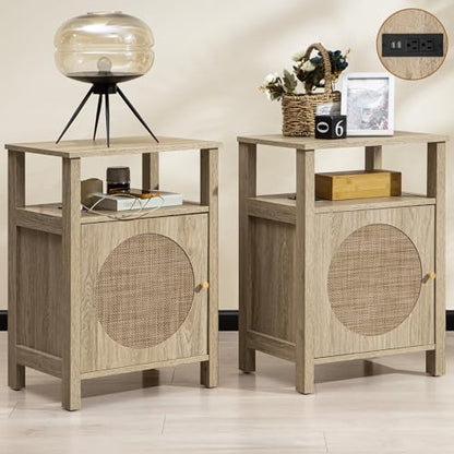 SICOTAS Rattan Nightstand Set of 2, Boho Tall Night Stand with Charging Station, Wooden Farmhouse Bedside End Table with Storage, 4-Tier Nightstands with Adjustable Shelf for Bedroom or Livin - WoodArtSupply