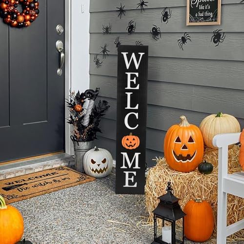 Interchangeable Welcome Sign for Front Porch- 45"X9" Large Standing/Hanging Wooden Sign with 12 PCS Replaceable Icons for Farmhouse Harvest Fall Halloween Thanksgiving Porch Wall Yard Decorations (Black)