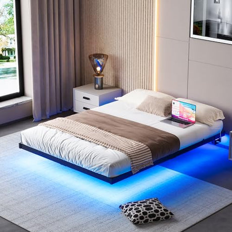 BOFENG Floating Bed Frame Full Size with LED Lights and Charging Station,Heavy Duty Metal Platform Full Size Bed Frame No Box Spring Needed,Nonslip,Noise Free,Easy Assembly BOFENG