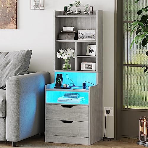 Stylish ADORNEVE Tall Night Stand with LED Lights, Charging Station, and Storage Drawers in Grey ADORNEVE