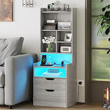 Stylish ADORNEVE Tall Night Stand with LED Lights, Charging Station, and Storage Drawers in Grey ADORNEVE