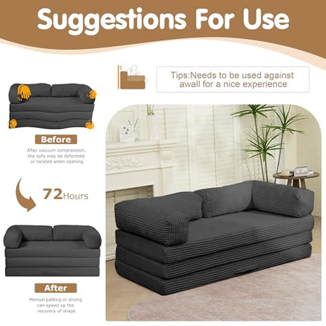 NLDD Convertible Sofa Bed King,5-in-1 Folding Boneless Couch Corduroy Futon Sofa Bed,Tri-Fold Mattress with Removable Armrests & Handle,Sleeper with Pull Out Bed for Small Space Living Room Bedroom NLDD