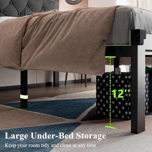 Feonase Twin Size Metal Bed Frame with Linen Upholstered Headboard, Heavy-Duty Platform Bed Frame with 12" Storage, Steel Slats Support, No Box Spring Needed, Gray Feonase