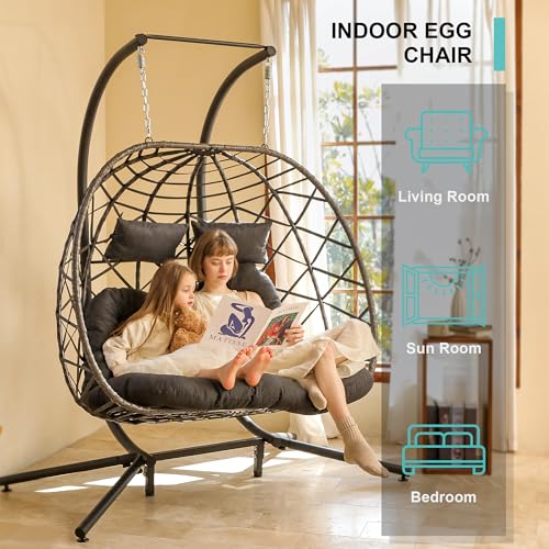 SWITTE Double Egg Swing Chair with Stand, 2 Person Outdoor Indoor Hammock Hanging Chair with Cushion for Patio Living Room 550 LBS Capacity-Dark Grey - WoodArtSupply