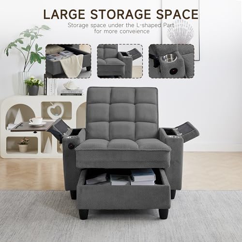 Oversized Recliner Chair with Swivel Tray Table, Modern Tufted Linen Fabric Single Sofa with Cup Holders & USB Port, 660 LBS Heavy Duty Reclining Chair for Living Room, Home Theater & Bedroom (41.7'')