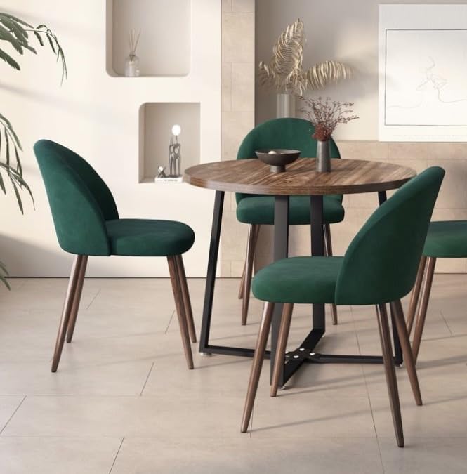 INO Design 5-Pieces Modern 35'' Inch Round Wooden Dining Table Set for 4 Comfortable Velvet Chairs, Space Saving Kitchen Furniture, Small Apartment Coffee Table Set (Green) - WoodArtSupply