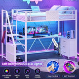 Itaar Stairway Twin Size Loft Bed with L Shaped Desk and Wardrobe, Metal Loft Bed Frame with Stairs, 3 Fabric Drawers, LED Lights & Charging Sation, No Noise & No Box Spring Needed, White Itaar
