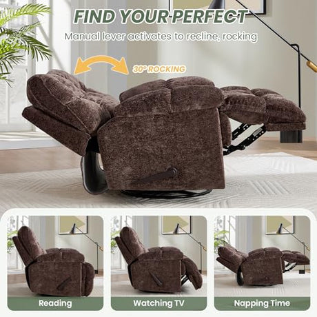 VIKAYAMICS Oversized Rocker Recliner Chair 42” Power Swivel Recliner for Living Room Overstuffed Extra Wide Rocking Recliners with Breathable Soft Fabric Up to 400lbs(Manual Brown) VIKAYAMICS