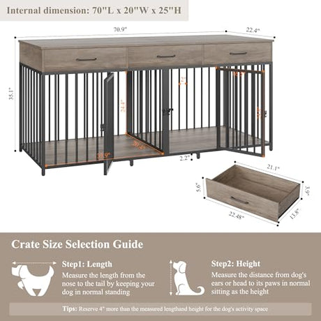 HOSTACK Double Dog Crates Furniture, 71" Wide Indoor Dog Kennel with 3 Drawers, Farmhouse Dog Cage for 2 Large/Medium Dogs, Heavy Duty Dog Crate with Removable Divider, Wooden Pet House, Ash Grey HOSTACK