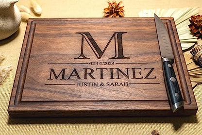 Walnut Artisan Personalized Cutting Boards,Mother's Day, Custom Wedding, Anniversary or Housewarming Gift Idea, Wood Engraved Charcuterie Board for Couples and Newlyweds, Monogram Initial Des - WoodArtSupply