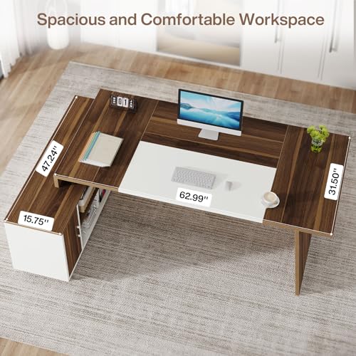 Tribesigns L-Shaped Executive Office Desk, 70.5-Inch Mid-Century Modern Executive Desk with Storage Cabinet and Shelves, Large Computer Desk for Home Office, Brown + White Tribesigns