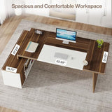 Tribesigns L-Shaped Executive Office Desk, 70.5-Inch Mid-Century Modern Executive Desk with Storage Cabinet and Shelves, Large Computer Desk for Home Office, Brown + White Tribesigns