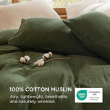 Bedsure 100% Muslin Cotton Duvet Cover Queen Size - Ultra-Soft, Breathable & Lightweight - Linen Like Gauze Comforter Cover Set with Button Closure and Corner Ties (Olive Green, Queen, 90"x90") Bedsure