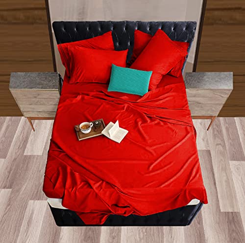 Mocassi Queen Sheet Set - Luxury Hotel 1800 Premier Bedding Sheets & Pillowcases - Ultra Soft Breathable & Cooling Bed Sheets - Deep Pocket - Wrinkle Resistant - 6 Piece Set - Queen, Red Mocassi