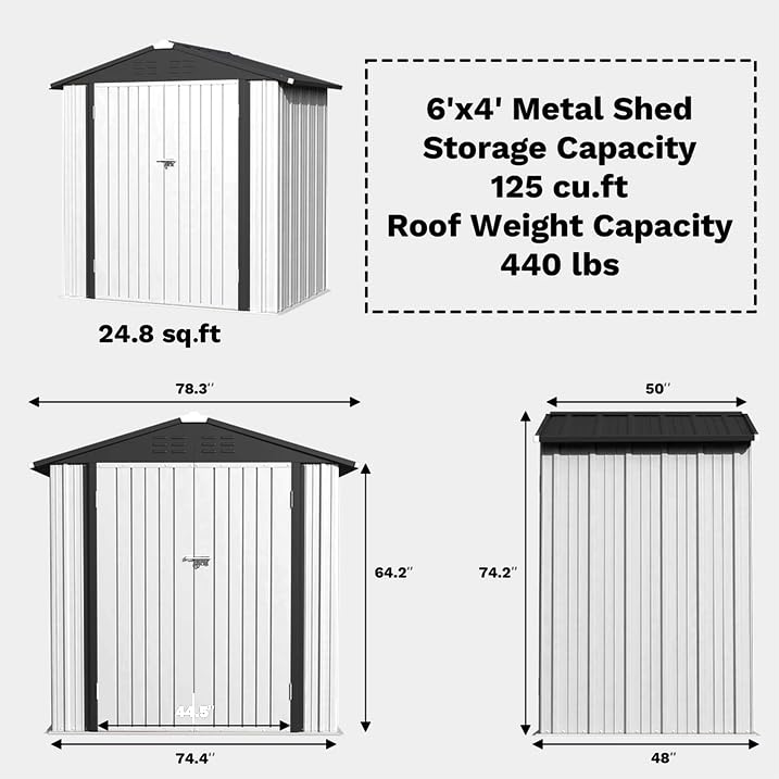 Greesum 6×4FT Outdoor Storage Shed, Metal Patio Storaged Sheds with Lockable Doors, Sheds & Outdoor Storage for Bike, Backyard, Pool and Garden, White Greesum