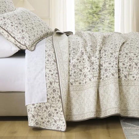 DDUOXIN 3 Piece Queen Quilt Set - 100% Cotton Soft Farmhouse Queen Quilt with 2 Pillow Shams, Botanical Style Floral Print Bedspread Lightweight Comforter Bedding Set, Purple Brown/Beige, Queen DDUOXIN