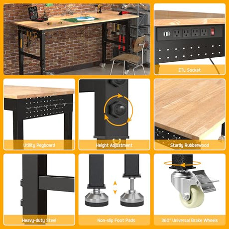 BETISEF 70’’ Work Bench Adjustable Workbench Heavy Duty Work Table with Power outlets, Pegboard, Wheels and Foot Pads, 2000 Lbs Capacity Hardwood Work Benches for Garage, Workshop, Office, Home BETISEF