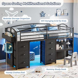 Low Loft Bed Twin Size with 7 Storage Drawers, Desk and LED Lights, Heavy Duty Metal Kids Loft Bed with 12" H Safety Guardrail, Anti-Collision Pad, Private Play Curtain, Under-Bed Play Space - Black Jocoevol