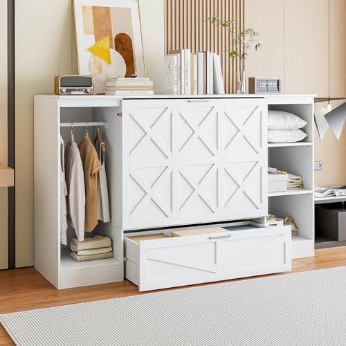 Merax Twin Size Murphy Bed with Bedside Shelves and Wardrobe, White Wooden Bed Frame with Large Drawer Merax