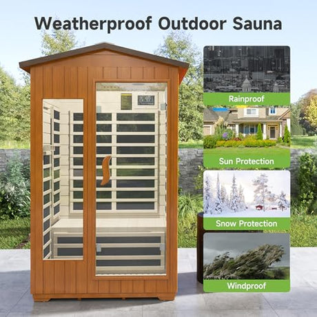 springspa Outdoor Infrared Sauna 2 Person for Home, 15amp Low EMF Far Infrared Spruce Wooden Sauna at Home with Bluetooth,LCD Panel springspa