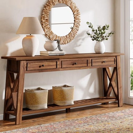 Tribesigns Console Table with 3 Storage Drawers, 70.87 Inches Extra Long Sofa Table Behind Couch with Bottom Shelf, Farmhouse Wooden Entryway Hallway Foyer Table for Living Room, Entrance (Walnut) Tribesigns