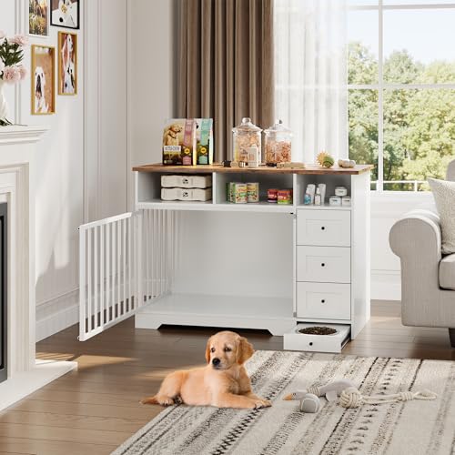 48'' Dog Crate Furniture, Farmhouse Heavy Duty Dog Kennel with Bowl & Storage Drawers, Medium Dog Cage End Table for Small Medium Dogs, White GarveeLife