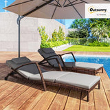 Outsunny Wicker Chaise Lounge Chair Outdoor Set of 2, 5-Position Adjustable Reclining Pool Lounge Chairs with Wheels, Rattan Outdoor Lounger with Cushion, Armrests for Poolside Beach Backyard, Gray