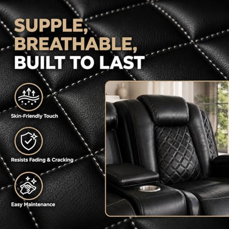 Power Reclining Sectional Sofa for Living Room, 3 Pieces Leather Recliner Sofa Set with USB Ports, LED Light, Wireless Charger & Storage Console, Living Room Furniture Sets with Home Theater Seating Puduvir