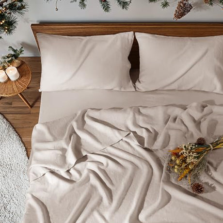 100% Pure Linen Sheet Set Luxury Natural Linen Sheets 4pcs King Size, Breathable Bedding Set Deep Pocket Up to 16" Softens with Every Wash, Relaxed Texture (Linen King) REDASW