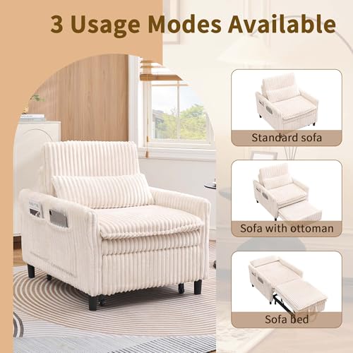 Majnesvon Modern Corduroy Fabric Sofa Bed Futon,3 in 1 Convertible Pullout Sleeper Couches with 3 Reclining Backrests,Small Sofa Chair Bed for Living Room Bedroom (White) Majnesvon