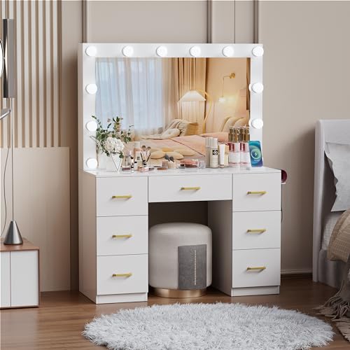 FURNJOYLIFE White Makeup Vanity Desk with Lighted Mirror & Power Outlet,3 Color Modes, Brightness Adjustable,Vanity Table with Drawer,Sliding 2 Storage Wall-Mounted Jewelry,4 Shelves for Bedroom FURNJOYLIFE