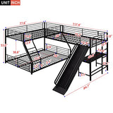 Bellemave Twin Over Full Bunk Bed Frame with Twin Size Loft Beds, Heavy Duty Triple Bunk Bed with Slide, Build in Ladder and Guardrail, L-Shaped Bunk Beds with Desk, Black Bellemave