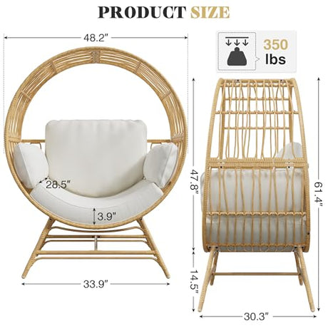 Bifanuo Oversized Egg Chair Indoor/Outdoor Rattan Hanging Basket Chair with Thickened Cushion Supports 350LBS – Wicker Patio Lounge Chair for Balcony Porch Living Room Backyard (Beige) Bifanuo
