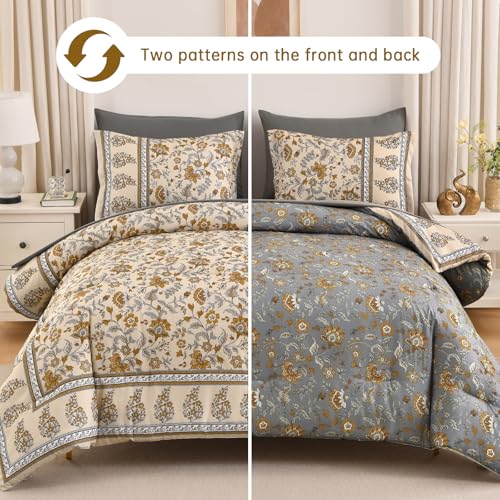 Dinjoy Boho Comforter Set Queen,Beige Brown Bedding Paisley Floral 7 Piece Bed in a Bag Reversible Lightweight Bohemain Comforters with Sheet Sets for All Season Dinjoy