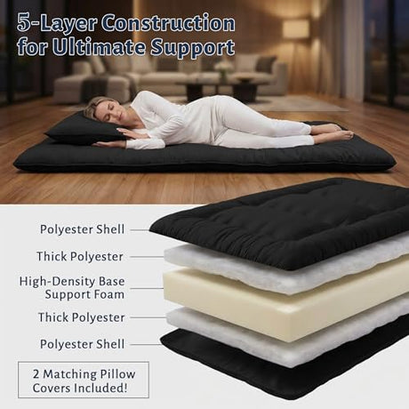 Cosovia Japanese Floor Mattress Futon Mattress, 3.5 Inch Thick Foldable Roll Up Tatami Mat with 2 Pillow Covers, Twin Size Floor Bed for Guest Room Dorm Camping Kids, Black Cosovia