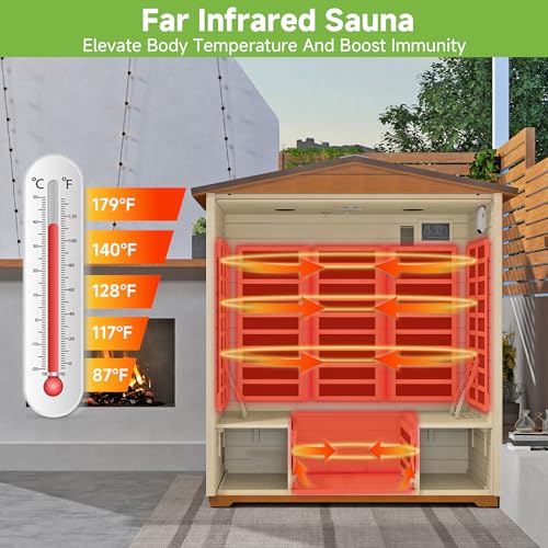 Springspa Outdoor Sauna 4 Person, Infrared Sauna for Home, Wooden Outdoor Saunas Room, 3400 Low EMF Far Infrared with Bluetooth, LCD Panel, 7 Color Chromotherapy Lamp, Reading Lamp springspa