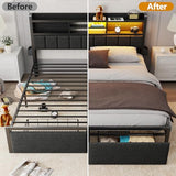 Furnulem King Bed Frame with Wood Headboard & Storage Drawers, Metal Platform Bed Frames King Size with LED Lights, Built in Charging Station, No Box Spring Needed, No Noise, Easy Assembly, Black Furnulem