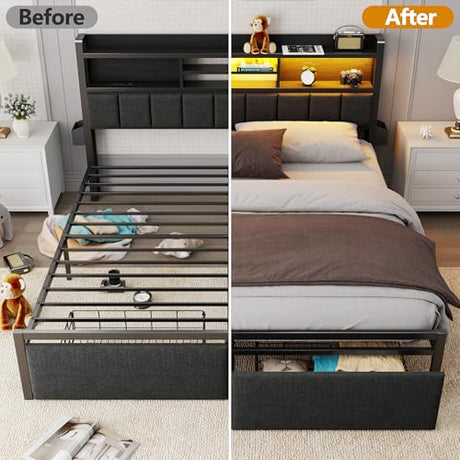 Furnulem King Bed Frame with Wood Headboard & Storage Drawers, Metal Platform Bed Frames King Size with LED Lights, Built in Charging Station, No Box Spring Needed, No Noise, Easy Assembly, Black Furnulem