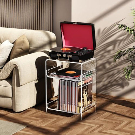 Acrylic Record Player Table with Storage Shelf, Clear Side Table Nightstand (Clear, Medium) Acrylicolor