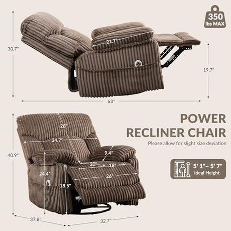 SUNWAVE Power Recliner Chair, Electric Swivel Rocker Recliner with Massage and Heat, Hybrid Corduroy Recliner, USB Remote, Tool-Free Assembly SUNWAVE