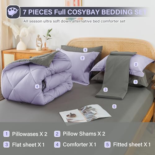 Cosybay Bed in a Bag Queen Reversible Comforter Sets 7pcs All Season Down Alternative Bedding Sets Lavender and Grey with Comforter, Pillow Shams, Flat Sheet, Fitted Sheet and Pillowcase Cosybay