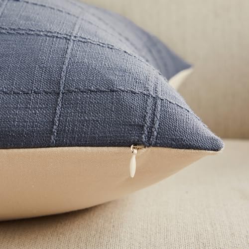ZeeMart Linen Checked Lumbar Throw Pillow Covers Set of 2, 12x20 Inch Blue/Cream, Farmhouse Decorative Single Sided Grid Embroidered Couch Pillow Cases Dusty Blue Cotton Linen Cushion Covers ZeeMart