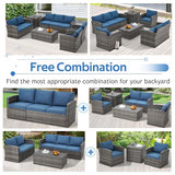 U-MAX 7 Pieces Outdoor Patio Furniture Sets w/Two Storage Boxes, Grey Rattan& Blue Cushions U-MAX