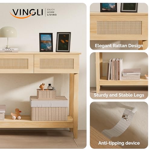 VINGLI 51" Console Table with Drawers, Rattan Entryway Table with Storage Shelf, Narrow Sofa Table, Boho Hallway Table for Living Room, Entrance, Foyer, Behind Couch, Natural Rattan VINGLI