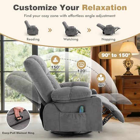 Overstuffed Fabric Swivel Rocker Recliner with Massage and Heat,360° Recliner Chair Rocking Glider Chair with Cup Holder for Adult,Grey Comermax
