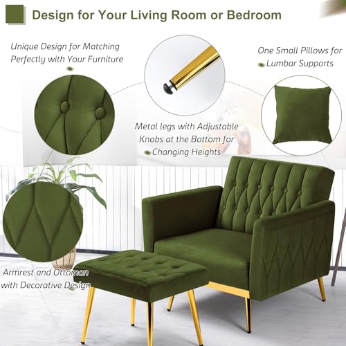 ACMEASE 2 Pieces Velvet Sofa Set with Adjustable Armrest and Backrest, 70” Convertible Futon Sofa Bed & Mordern Accent Chair with Ottoman for Living Room, Bedroom, Olive Green ACMEASE