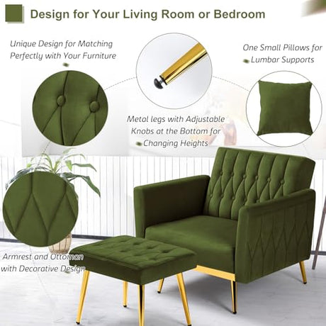 ACMEASE 2 Pieces Velvet Sofa Set with Adjustable Armrest and Backrest, 70” Convertible Futon Sofa Bed & Mordern Accent Chair with Ottoman for Living Room, Bedroom, Olive Green ACMEASE