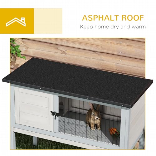 PawHut Elevated Wooden Rabbit Hutch, Indoor/Outdoor Bunny Cage with Hinged Asphalt Roof and Removable Tray for Guinea Pig, Gray - WoodArtSupply