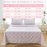 Mooreeke Cozy Vintage Microfiber Printed Queen Sheet Set - Soft Breathable Percale Cotton Floral Bed Sheets with Deep Pocket - Non-Slip Fitted Design - Pink Purple Flowers Pattern Mooreeke