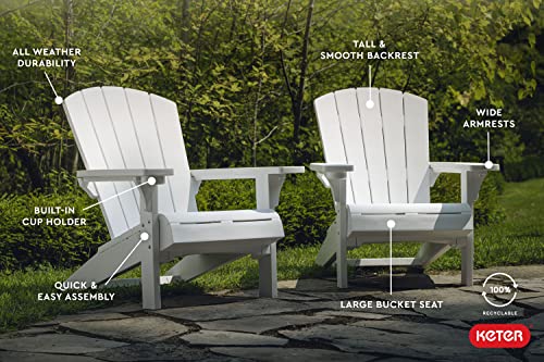 Keter Alpine Adirondack 2 Pack Resin Outdoor Furniture Patio Chairs with Cup Holder-Perfect for Beach, Pool, and Fire Pit Seating, White Keter